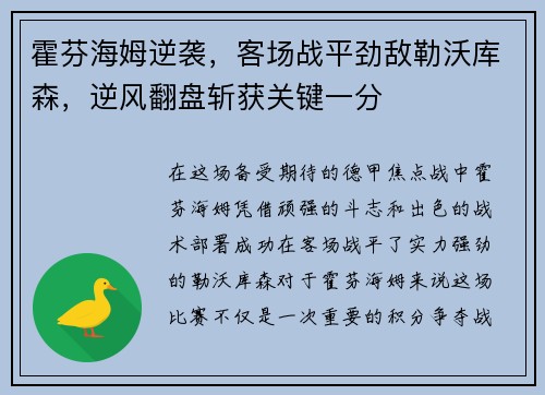 霍芬海姆逆袭，客场战平劲敌勒沃库森，逆风翻盘斩获关键一分