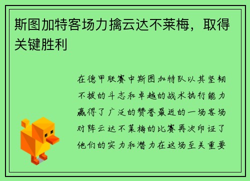 斯图加特客场力擒云达不莱梅，取得关键胜利