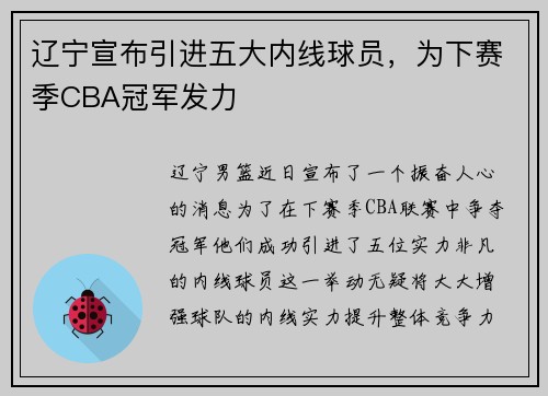 辽宁宣布引进五大内线球员，为下赛季CBA冠军发力