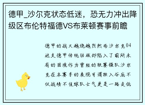 德甲_沙尔克状态低迷，恐无力冲出降级区布伦特福德VS布莱顿赛事前瞻