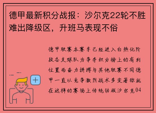 德甲最新积分战报：沙尔克22轮不胜难出降级区，升班马表现不俗