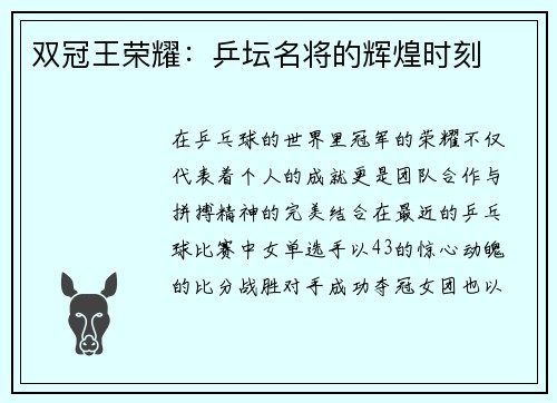 双冠王荣耀：乒坛名将的辉煌时刻